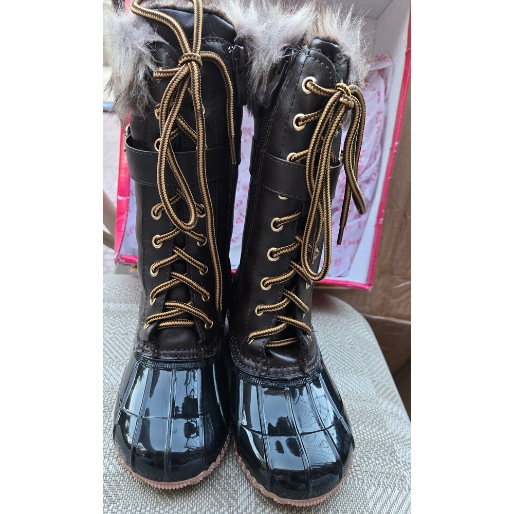 Link Duck-10K Kids Brown Faux Fur Trim Lace Up Winter Duck Boots